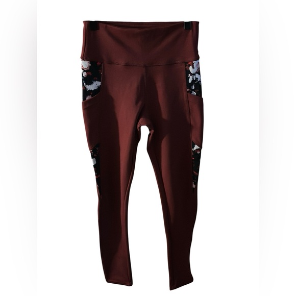 BSP | High-Waist Maroon Pocket Leggings with Floral Panels | Size Small - Picture 10 of 14